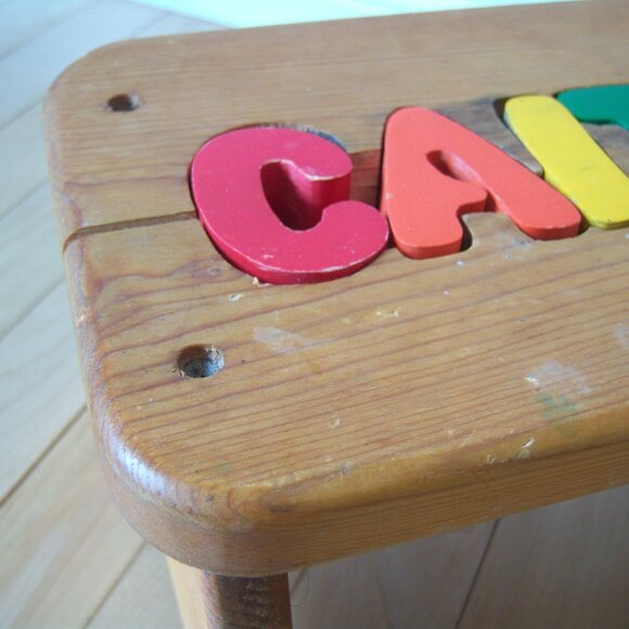 Vintage Personalized Name Kids Puzzle Stool. Kids Wooden Stool. Caitlyn Stool. - Picture 4 of 5